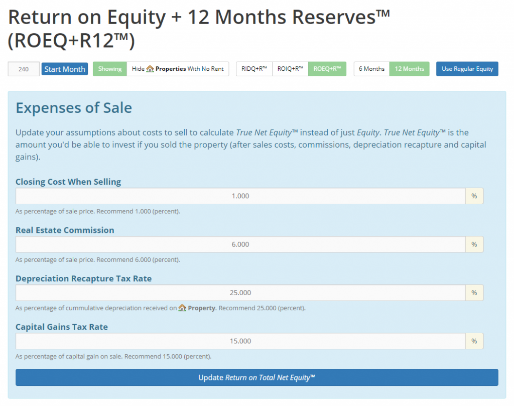 Return on True Net Equity + 12 Months Reserves - Inputs